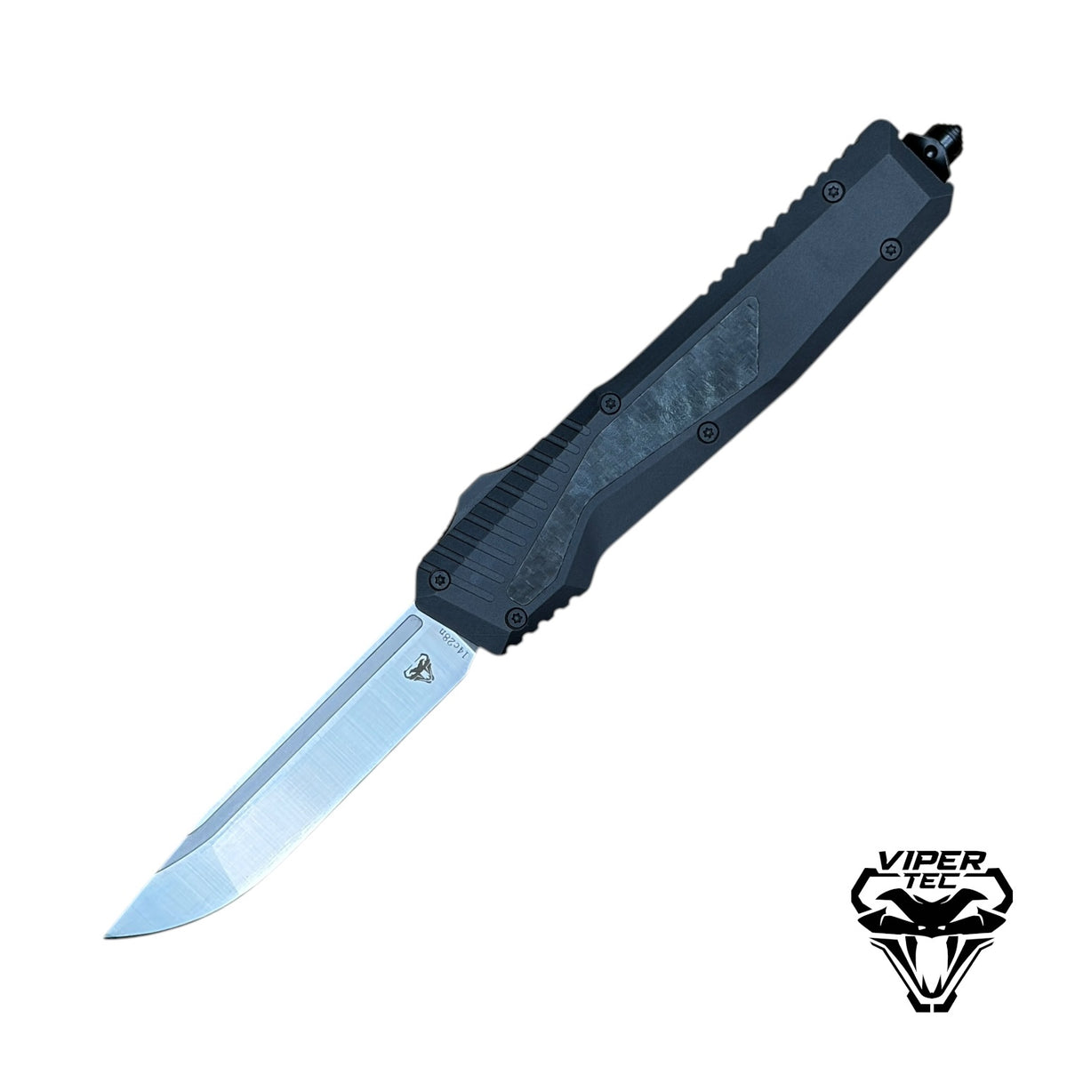 Viper Tec Warwick OTF automatic knife featuring premium M390 steel blade and black handle with textured carbon fiber inlay.