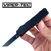 Viper Tec Mini Black Ice OTF knife with tanto blade extended, held in hand to show its compact size