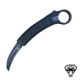 VT Karambit D/A OTF Automatic Knife — curved blade extended, black handle with patterned inlay and finger ring