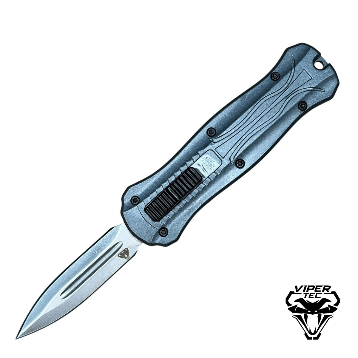 California legal mini OTF knife open showing small automatic blade and slim handle