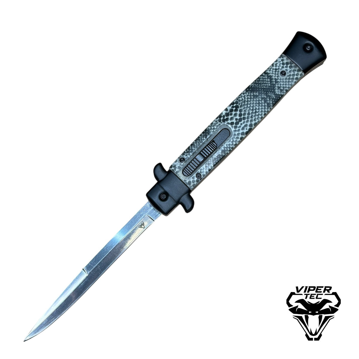 closed Italian stiletto OTF knife showing snake skin handle design and thumb slide
