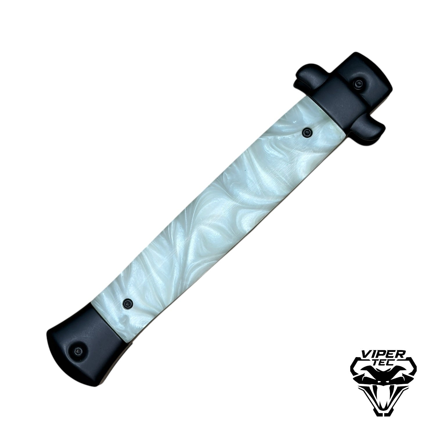 11 inch Italian stiletto OTF knife closed with white pearlex scales and thumb slide