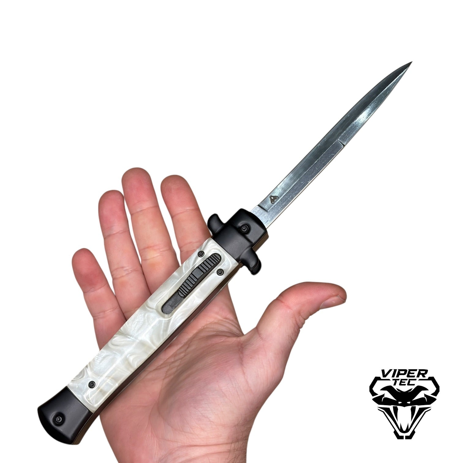 automatic OTF stiletto knife open with satin dagger blade and white pearlex handle