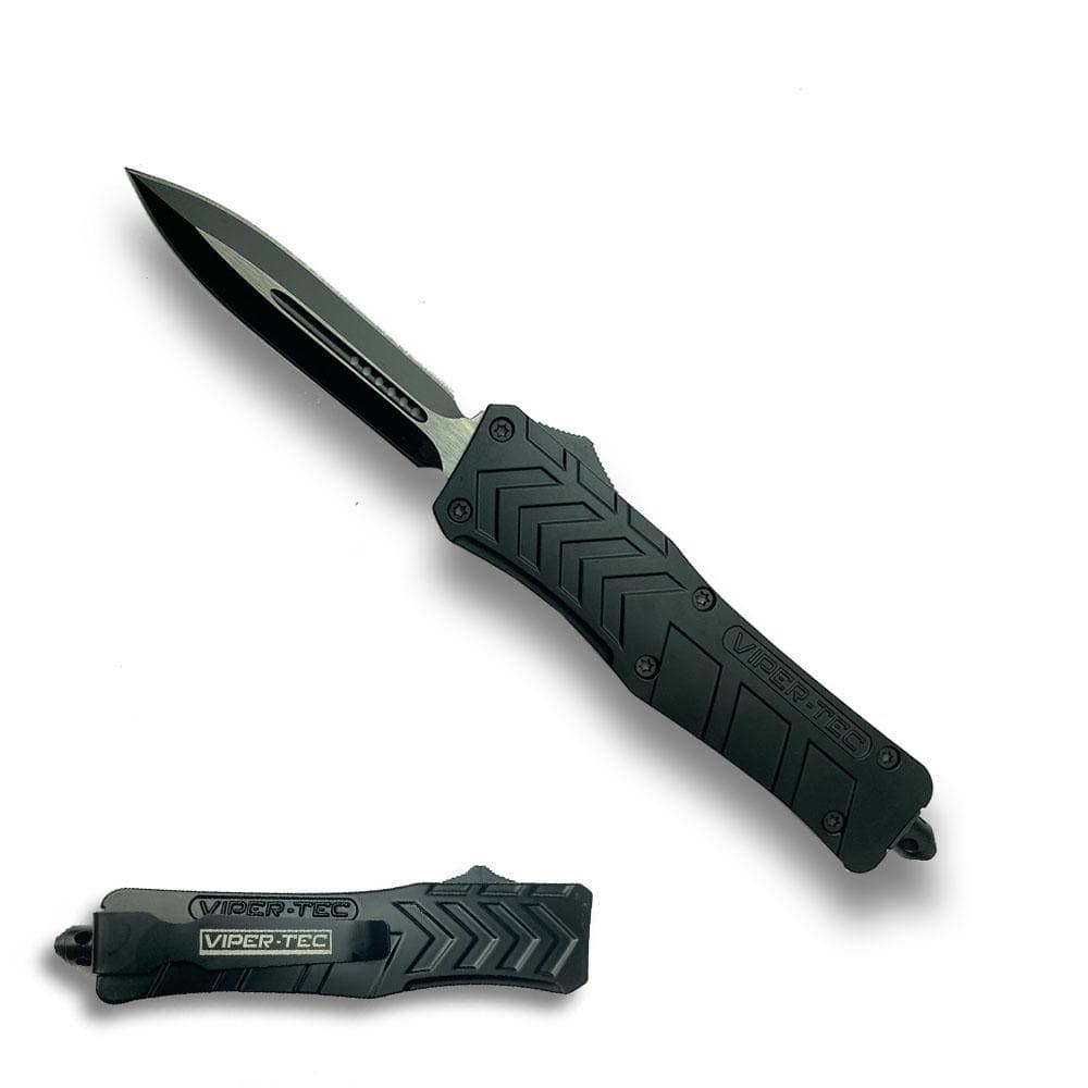Viper Tec Mini VF-1 double action OTF knife shown open and closed, with black handle and double-edge blade