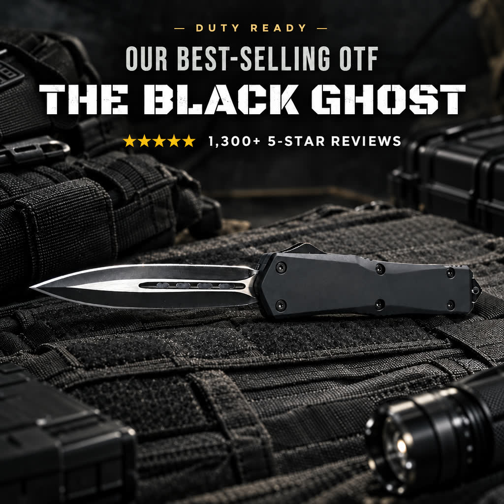 The Black Ghost double-edge OTF knife — our best-selling OTF with 1,300+ five-star reviews